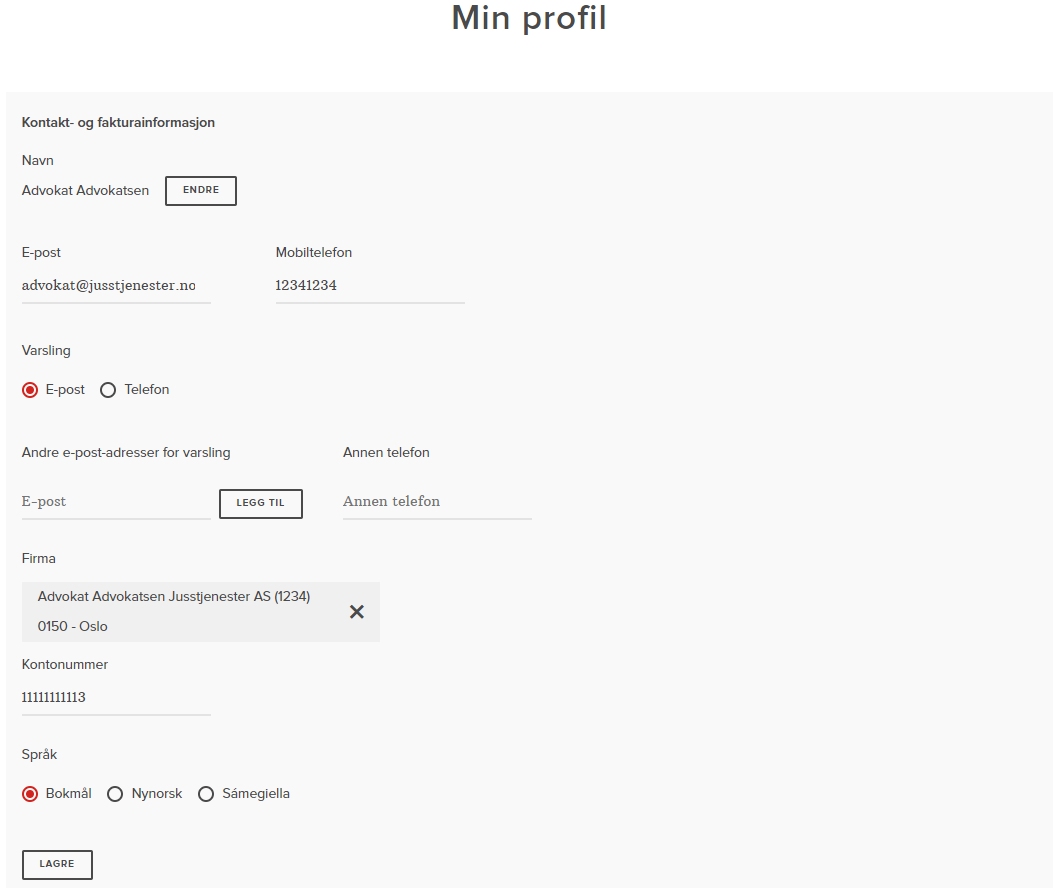 Bilde av hvordan Min profil ser ut i Aktørportalen 