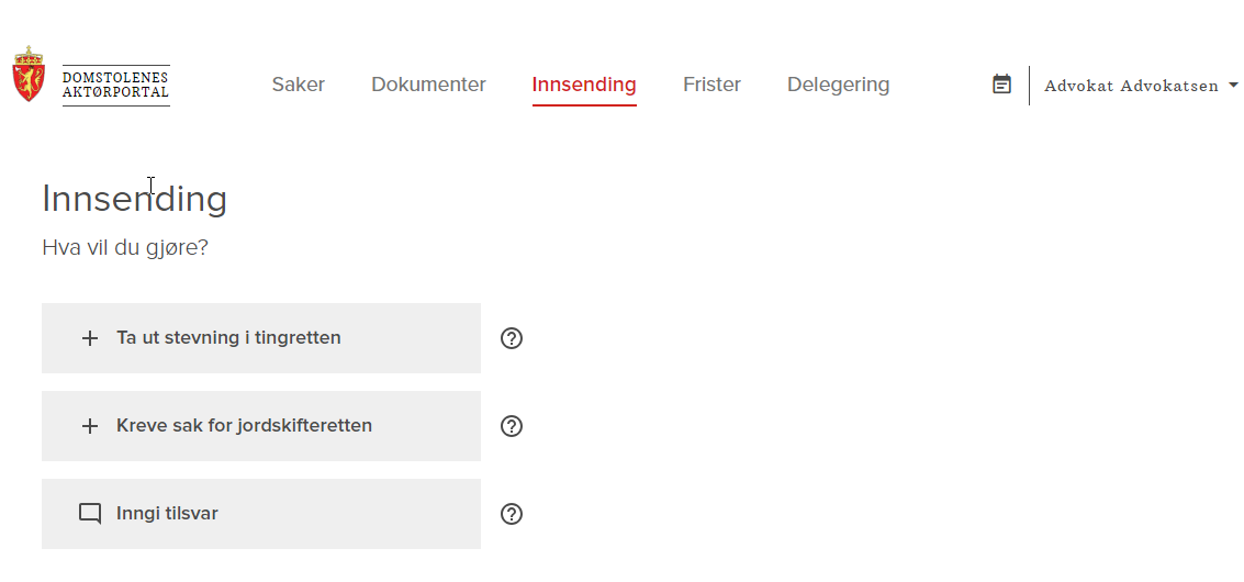 Skjermdump av siden for innsending i Aktørportalen