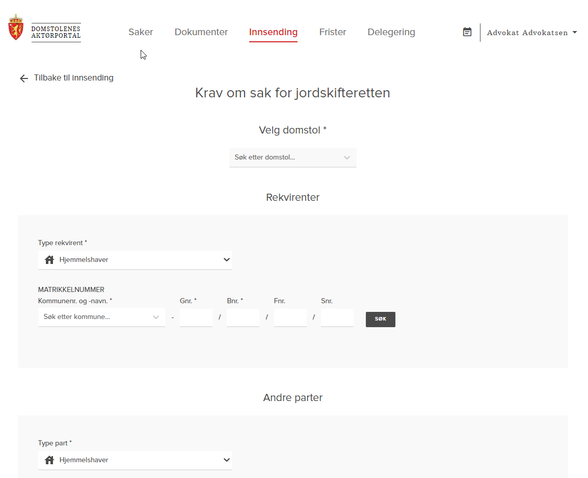 Skjermdump av siden for å kreve sak for jordskifteretten i Aktørportalen