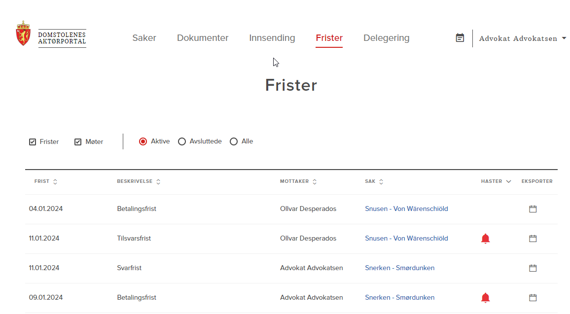 Skjermdump av siden for frister i Aktørportalen