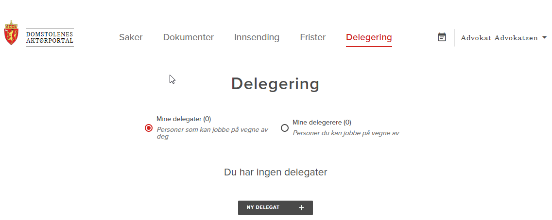 Skjermdump av siden om delegering i Aktørportalen