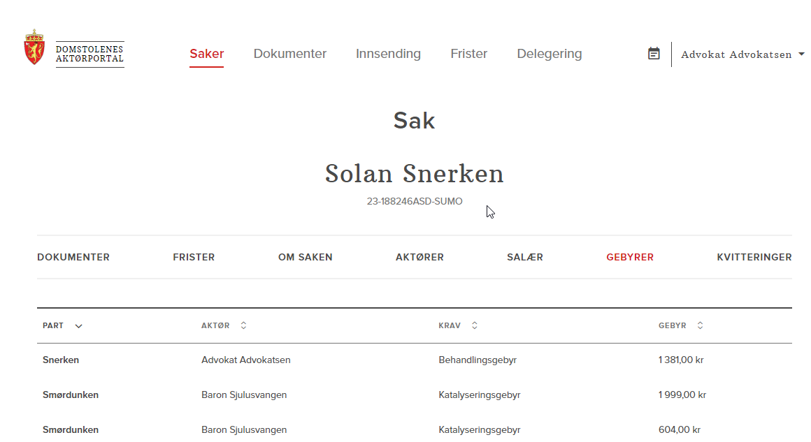 Skjermdump fra Aktørportalen som viser en sak med gebyrer som er knyttet til denne