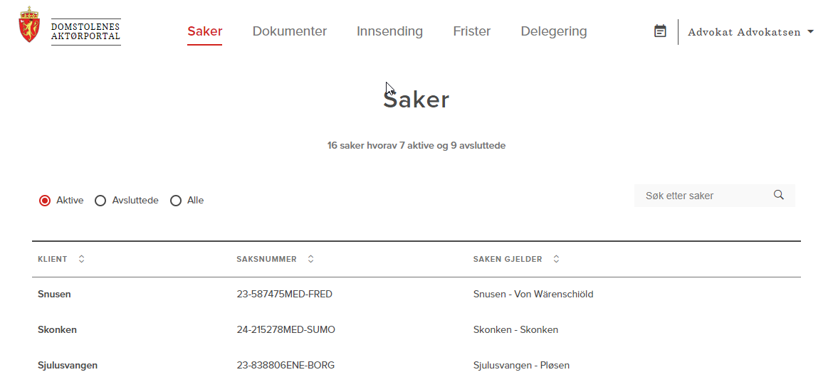 Skjermdump av forsiden "Saker" i Aktørportalen