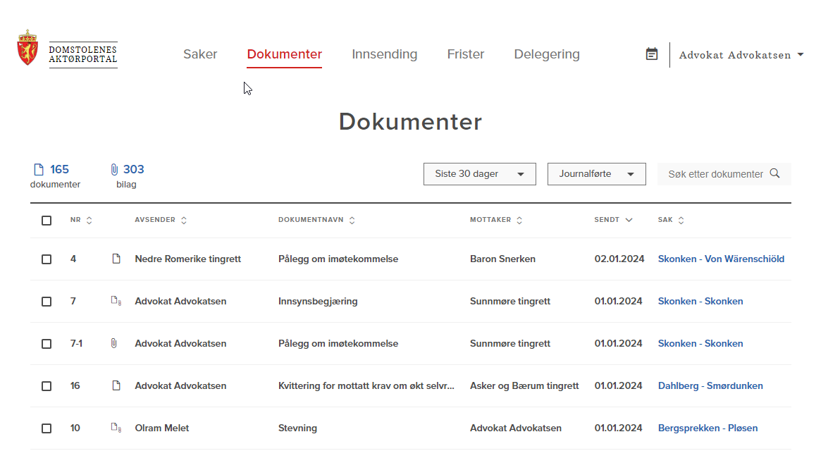Skermdump fra Aktørportalen som viser Fanen Dokumenter