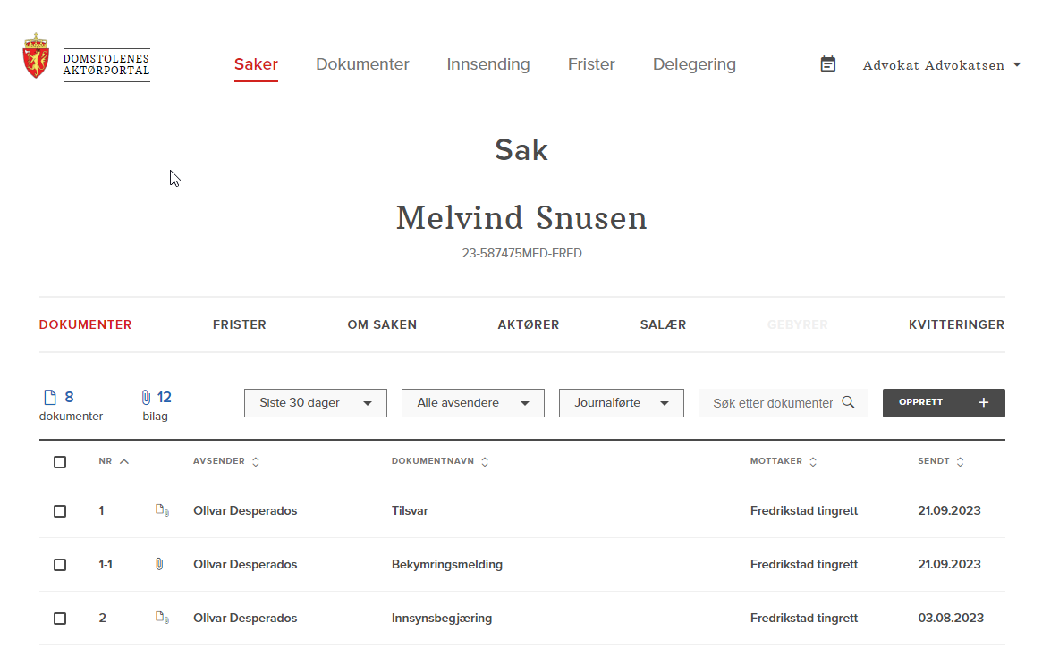 Skjermdump fra Aktørportalen på hvordan det ser ut i en en enkelt sak