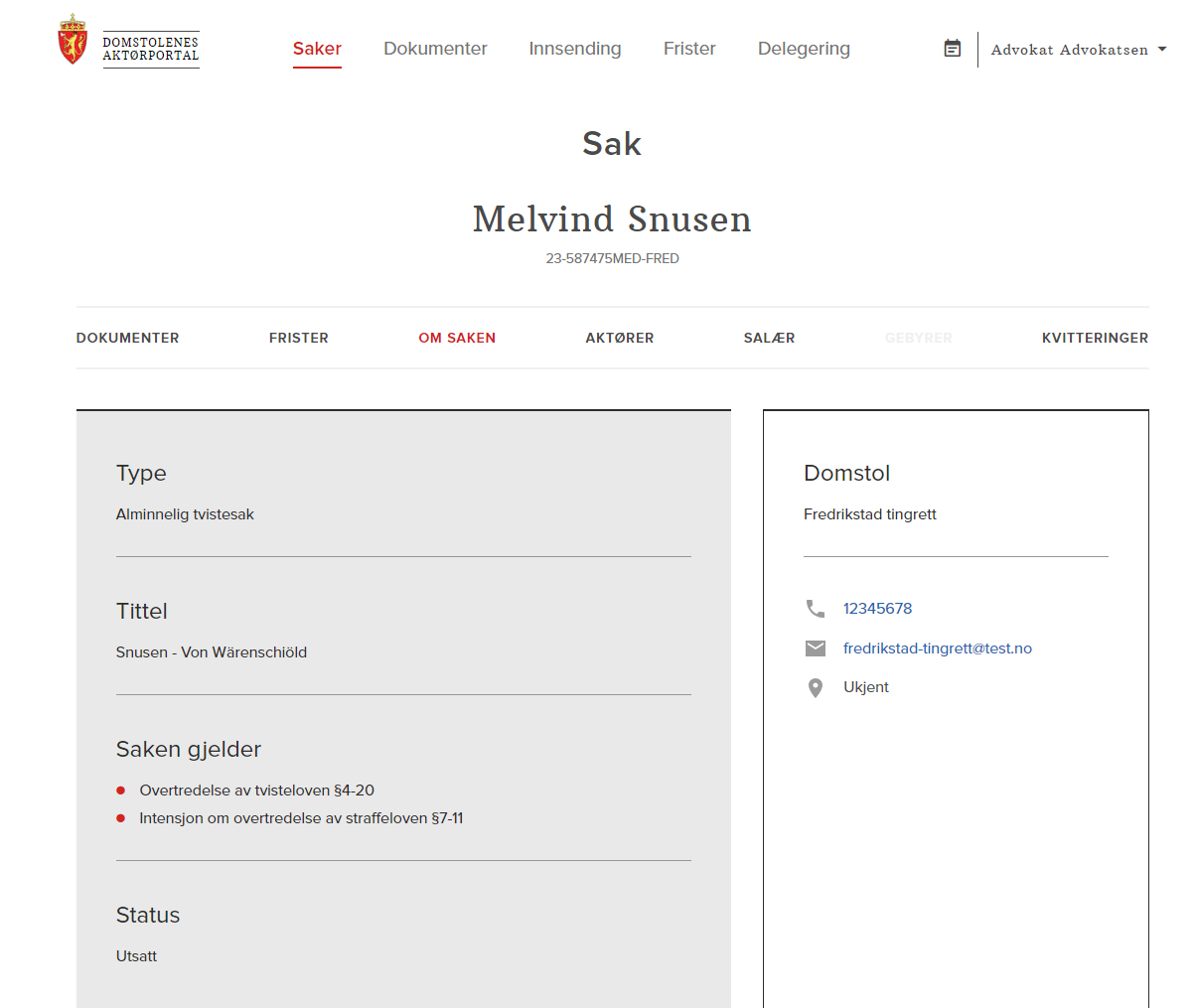 Skjermdump fra Aktørportalen som viser siden Om saken