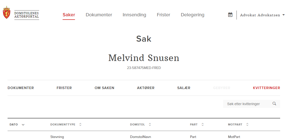 Skjermdump fra Aktørportalen av siden for kvitteringer i den enkelte sak