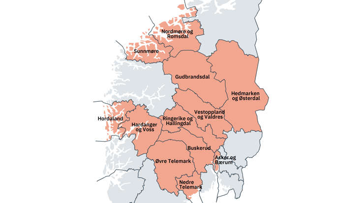 Illustrasjon som viser de nye tingrettene i et kart.