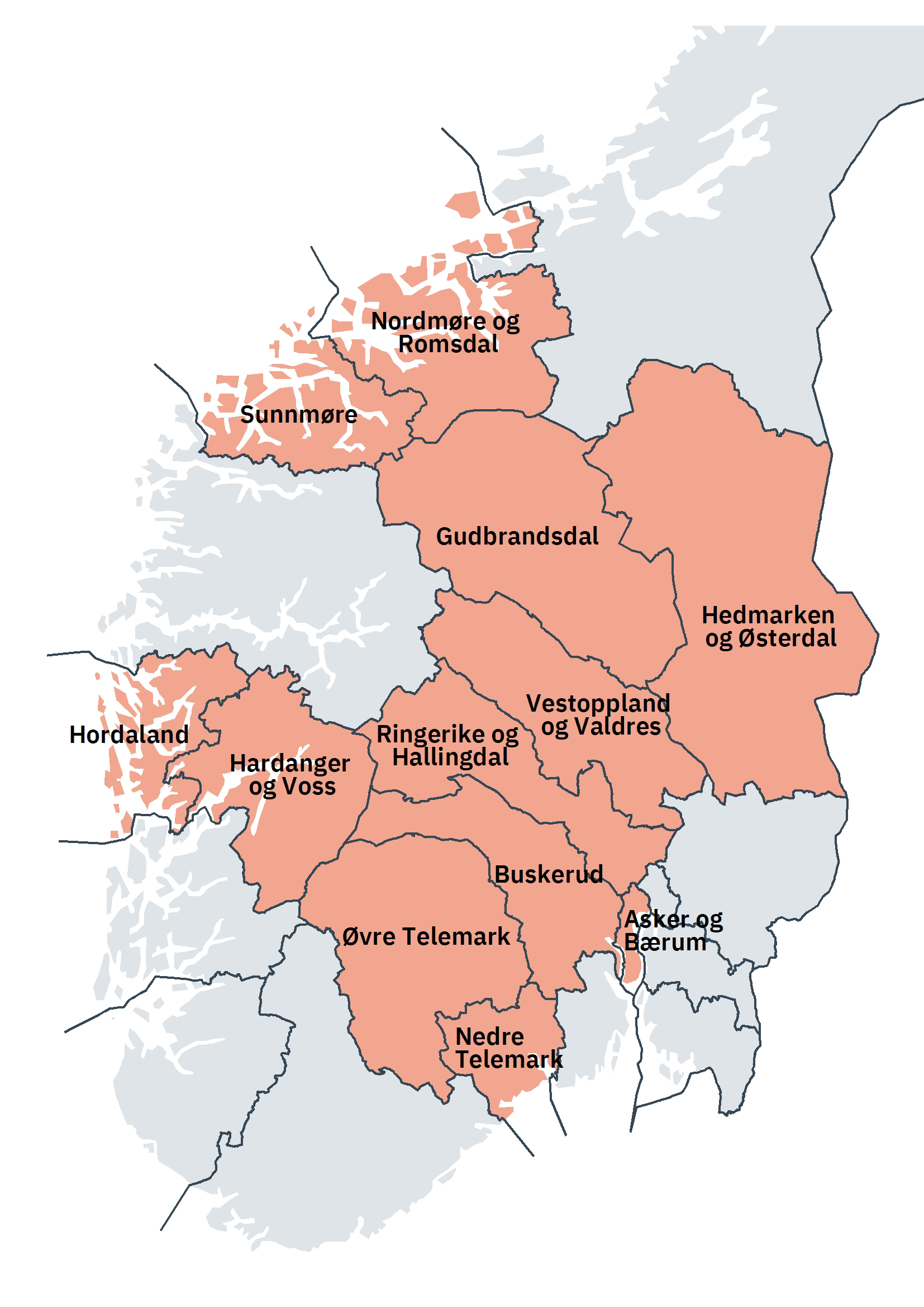 Illustrasjon som viser de nye tingrettene i et kart.