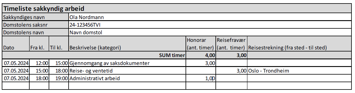Eksempel på utfylling av timeliste