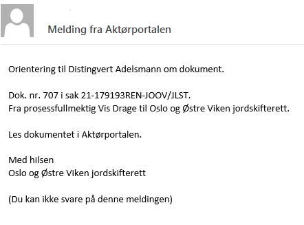 Bilde av ny varseltekst for manuelt varsel fra domstolen. Merk: bruker automatisk genererte fiktive navn fra folkeregisteret.