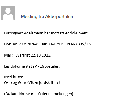 Bilde av ny varseltekst for varselet du får når du er mottaker av et nytt dokument. Merk: bruker automatisk genererte fiktive navn fra folkeregisteret.